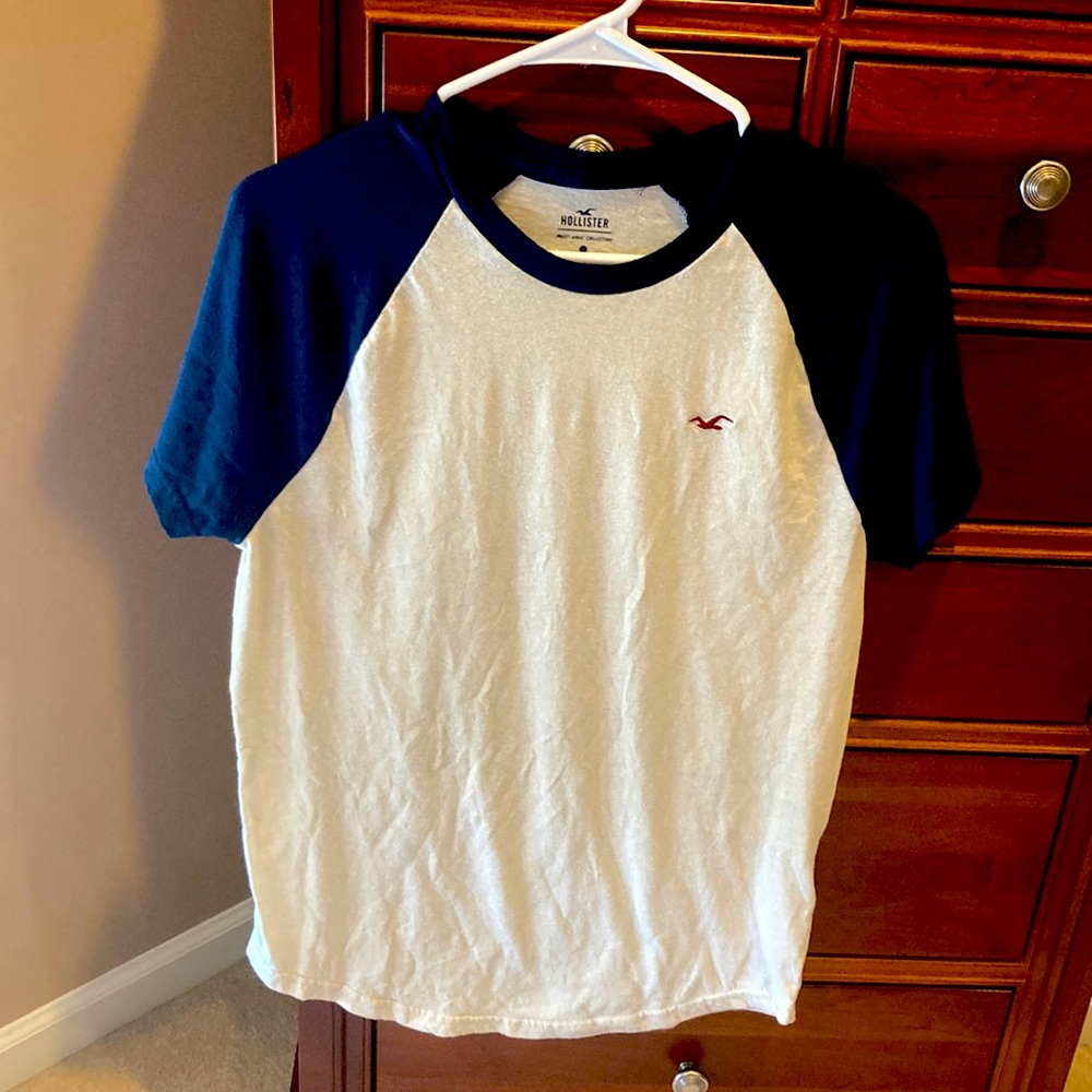 Hollister mens Must-Have Collection t-shirt, size small, cream with blue sleeves